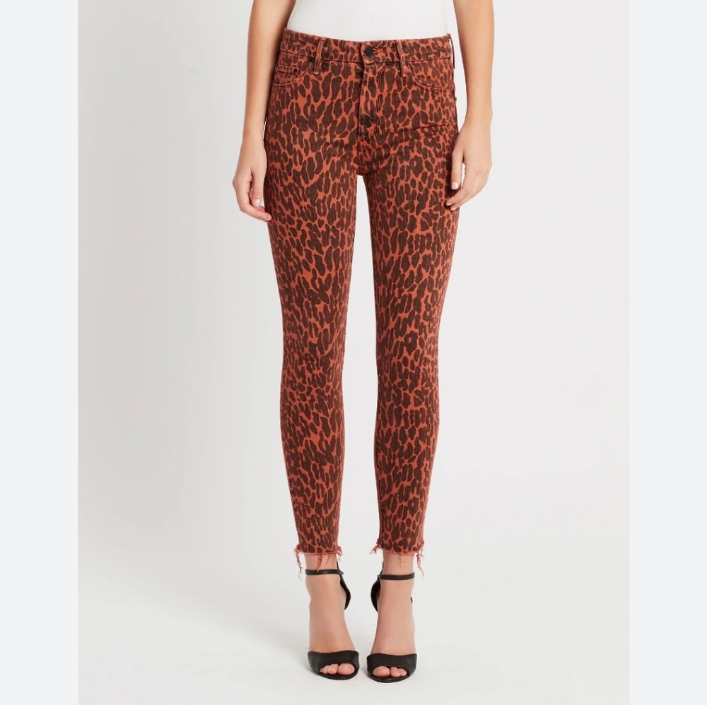 MOTHER Red Animal Print High Waisted Ankle Fray Jeans